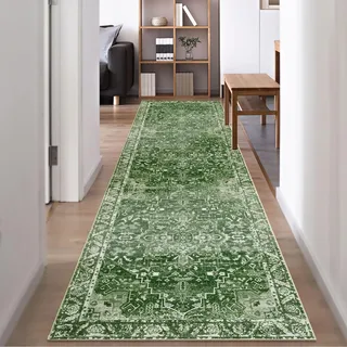 Famibay Läufer Flur 80x300cm Lang Küchenläufer Waschbarer Teppich Weich rutschfest Beige Grün Vintage Boho Flur Teppich Läufer Schlafzimmer Büro Eingangsbereich