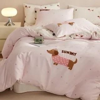 Sedefen Bettwäsche 135x200 cm Dackel Rosa Herzen Wende Bettwäsche Kinder Mädchen Stickerei ÖKO-TEX Bettwäsche Set Bettbezug mit Reißverschluss und 1 Kissenbezüge 80x80cm
