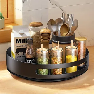 Gewürzregal Drehbar, Drehteller 30cm, Drehbares Gewürzregal Organizer für Schrank Speisekammer Küche Arbeitsplatte Kühlschrank Büro, Drehteller Organizer, Stah«, Sanfte 360° Drehung - Schwarz