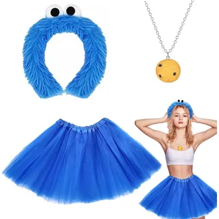 Blauer Tüllrock mit Monster-Stil Haarreif & Keks-Halskette – 3-teiliges Party Accessoire Set für Damen – Kostüm Zubehör mit Kopfband, Halskette und Rock