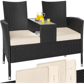 CASARIA® Gartenbank Sitzbank inkl. Auflagen Wetterfest Polyrattan 320kg Belastbar Tisch Ablage UV-beständig Garten Balkon Bank 2-Sitzer 145x58cm Schwarz - Schwarz