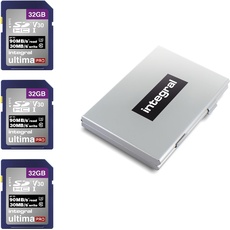 Integral SD Karte 32GB mit 6 Slot SD Kartenhalter Metall - 4K Ultra-HD Video Premium High Speed 90MB/s Lesen und 30MB/s Schreiben - SDHC V30 UHS-I U3 Class 10 SD Speicherkarte 3 Pack