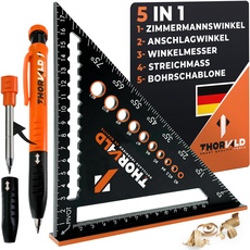 5-in-1 Zimmermannswinkel Winkelmesser Anschlagwinkel - Inkl. Tieflochmarker - Aluminiumwinkel mit 180 mm Schenkellänge zum präzisen Anreißen & Zeichnen/Multifunktional Weihnachtsgeschenke für männer