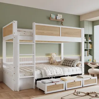 Etagenbett, Kinderbett, Schöner geflochtener Rattanzaun,  Drei Schubladen mit Rollen, Stabile Lattenroste, Mit Sichere Bettgitter,Weiß+Natur, 90x200cm - Weiß