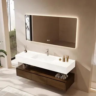 Integriertes Waschbecken aus Sinterstein-Keramik, Wandwaschbecken mit Hahnloch, Badezimmerschrank mit Schublade und LED-Spiegel 140*55cm YBTC383-140