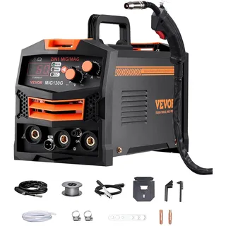 Vevor MIG-Schweißgerät, 130 A synergetische MIG-Schweißmaschine, 2-in-1-Gas-MIG/gasloses MIG-Fülldraht-Mehrprozessschweißer, MIG-Welder mit IGBT-Wechselrichtertechnologie & digitalem Anzeigebildschirm
