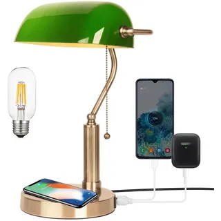 FIRVRE LED Tischlampe Vintage, Grün Glas Bankerlampe mit LED Glühbirne, Schreibtischlampe Retro Wireless-Ladbare mit USB Port