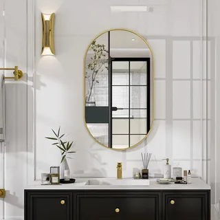 Koonmi ovaler Wandspiegel 43 x 76 cm, gehärtetes Glas, Gold | Verzerrungsfreier Bad und Schminkspiegel, horizontal oder vertikal montierbar für Schlafzimmer, Flur und Wohnzimmer