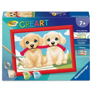 Ravensburger CreArt 12023175 - Spielende Hunde - Malen nach Zahlen für Kinder ab 7 Jahren, Malset mit Rahmen, Pinsel, Acrylfarben, Geschenk für Mädchen und Jungen