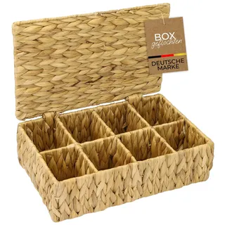 HMF Teebox aus Wasserhyazinthe mit 8 Fächern zur Aufbewahrung von Teebeuteln, Aufbewahrungskorb als Organizer für Küche, Bad, Wohnbereich | 33 x 21 x 10 cm | Natur