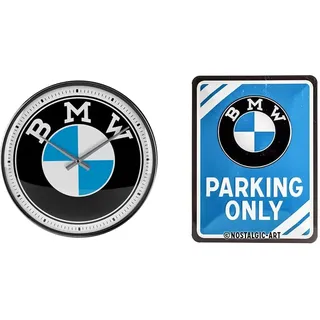 Nostalgic-Art 51097 Retro Wanduhr BMW – Logo & PO26177 BMW Parking – Parking Only Blue – Geschenk-Idee für Auto Zubehör Fans, Retro Blechschild, aus Metall, Vintage-Design zur Dekoration, 15