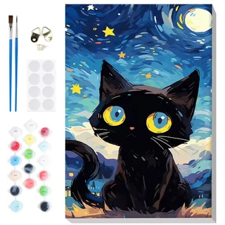 Lxmsja Malen Nach Zahlen Erwachsene Kinder mit Rahmen, Malen Nach Zahlen Starry Night Katze, Diy Set Erwachsene mit Pinseln und Acrylfarben Handgemalt Ölgemälde Leinwand für Home Décor, 20x30cm