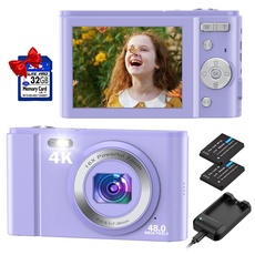 Duluvulu Digitalkamera, 4K UHD 48MP Mini Fotokamera mit 32GB Speicherkarte Kompaktkamera Wiederaufladbare 16X Digitalzoom, Fotoapparat Digitalkamera für Kinder Teenager Anfänger Erwachsene-Violett