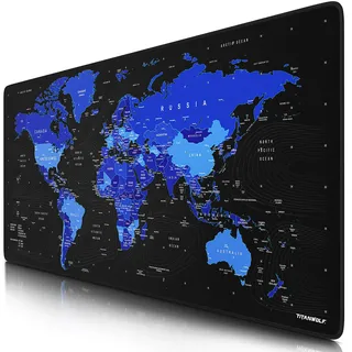 CSL Titanwolf – XXL Gaming Mauspad 900x400 mm - Tischunterlage Mousepad groß - Präzision und Geschwindigkeit - Gummiunterseite - rutschfest strapazierfähig wasserabweisend – Weltkarte schwarz blau