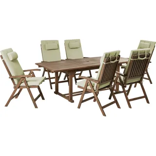 BELIANI Gartenmöbel Set Dunkelbraun und Grün Akazienholz 7-Teilig Ausziehtisch mit 6 Stühlen 6 Auflagen Klappbar Verstellbar Modern Terrasse - Braun, Grün
