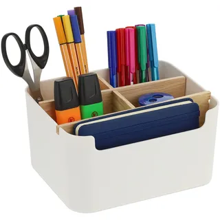 Relaxdays Schreibtisch Organizer, 5 Fächer, Kunststoff Holz, Badorganizer, modern, HxBxT: 9,5 x 18 x 15 cm, weiß