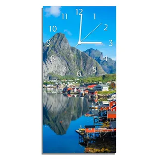 Wallario Design Wanduhr Skandinavisches Bergpanorama aus Echtglas, Größe 30 x 60 cm - Blau