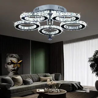 VETRULUS LED Kristall Deckenleuchte, Moderne Kristallkronleuchter,Edelstahl Pendelleuchte für Schlafzimmer Wohnzimmer Esszimmer-5 Ring Weiß