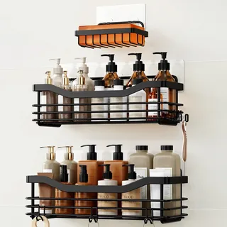 Orimade Duschkörbe Ablagen Wandablage Badezimmer Seifenkorb mit 5 Haken Badezimmer Duschkorbe Badregal Selbstklebend Ohne Bohren SUS304 Edelstahl - 3 Stück(Schwarz)