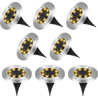 Caldarax 8 Stück Solar Bodenleuchten Aussen für Garten, 8 LEDs Solar Gartenleuchte IP65 Wasserdicht, LED Boden Solarleuchten Edelstahl für Garten Rasen Patio Gehweg Auffahrt(Warmweiß)