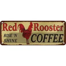 Blechschild 27x10 cm - Red Rooster rise`n shine COFFEE