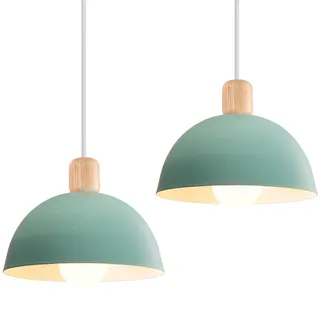 iDEGU 2 Stück Ø20cm Hängelampen Retro E27 LED Hängeleuchte Moderne Skandinavisch Deckenleuchte aus Metall Holz Pendelleuchte für Schlafzimmer Esszimmer Küche Restaurant (Grün, 2 Lampen)