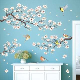 DECOWALL SG2-2304 Kirschblüte Wandtattoo Wandaufkleber Weiss Blumen Äste Vögel Wandsticker Schlafzimmer Wohnzimmer Fenster Wanddeko