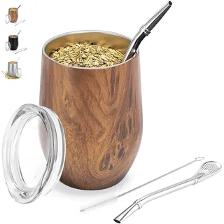 TELANKS Yerba Mate Becher 340ml aus Edelstahl,Doppelwandige Mate Tasse 18/8 | Mit Bombilla und Reinigungsbürste, Isolierte Mate Teetasse als komplettes Mate Set für traditionelle Mate Getränke-Holz