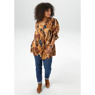Longbluse ANISTON PLUS, Damen, Gr. 50, braun (beige, blau, braun), Web, Obermaterial: 100% Baumwolle, bedruckt, gemustert, lässig geschnitten, V-Ausschnitt, 1-Knopf-Manschette, Blusen Longbluse, extravagant bedruckt im trendigen Farbverlauf