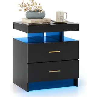 Costway Nachttisch mit LED-Beleuchtung, Nachtschrank Hochglanz, Beistelltisch mit 2 Schublade - schwarz