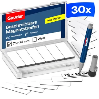 GAUDER Magnetetiketten beschreibbar - Wiederverwendbare Magnetschilder zum Beschriften für Whiteboard, Tafel, Kanban-Board und Kühlschrank - Magnetkarten mit Marker (30 Stück - 75 x 25 mm)