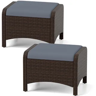 FANTASK 2X Gartenhocker mit Kissen Sitzhocker Fußhocker, Gartenmöbel Outdoor Rattanhocker, Rattanhocker wetterfest, Sitzhocker Terrasse für Garten, Balkon, Terrasse (Grau)