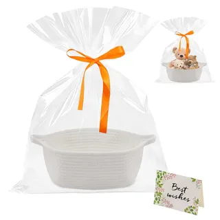 Geschenkkorb Leer, Baumwollsei Präsentkorb Leer mit Geschenktüten Grußkarten und Bändern, Geflochtener Korb Aufbewahrungskorb mit Griff für Geburtstage, Babypartys, Feiertage(Weiß)