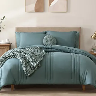 Monbix Queen-Bettwäsche-Set, einfarbiges Design, 7-teilig, Flauschige Bettwäsche-Sets für alle Jahreszeiten, leicht, warm und atmungsaktiv (dunkelgrün, Queen-Size-Bett, 228,6 x 228,6 cm)