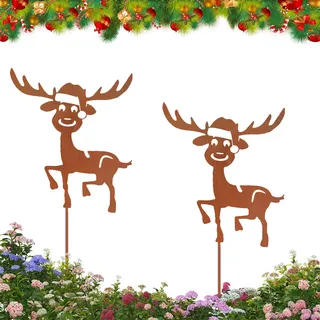 GOUYENG Gartenstecker Weihnachten,2 Stück Gartendeko Rostoptik 32x18cm,Gartenstecker Metall,Rentiere Gartensteckers Rost,Roststecker Hirsch Weihnachtsdeko,Rost Deko Weihnachten,für Balkon,Gartendeko