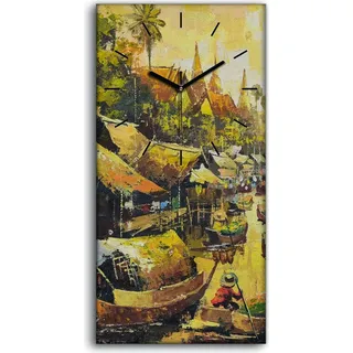 Wanduhr Bürouhr Leinwand Bild 30x60 Gemälde Fluss Boote Dorf Bäume Himmel - schwarze Hände - Grün