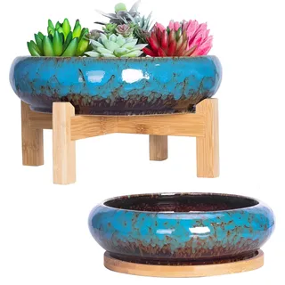 ARTKETTY Sukkulentententöpfe, große Sukkulenten-Übertöpfe mit Drainageschale, Flache Bonsai-Töpfe mit Ständer, Keramik, Kaktus-Blumentopf, für Zimmerpflanzen (7,3 und 10 Zoll)