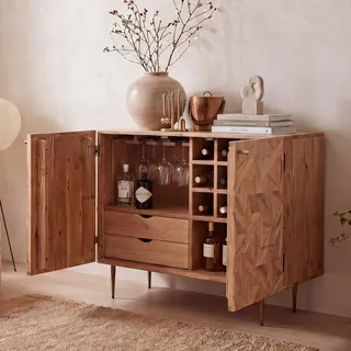 FineBuy Barschrank Akazie Massivholz 90cm Natur Weinregal Hausbar Glashalter Weinschrank Holz Türen Getränkeschrank Weinkommode Holz Bar Handmade - Braun