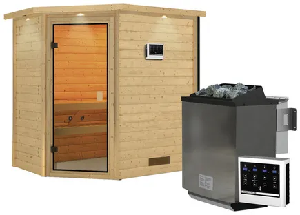 Bild von Karibu Sauna Svea Eckeinstieg, 9 kW Bio-Kombiofen inkl. Steuergerät inkl. gratis Zubehörpaket