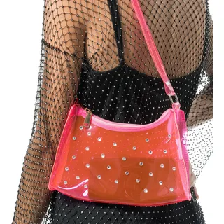 Chaks - Schultertasche transparent Rosa, Festival Tasche mit Strasssteinen, kleine Handtasche Damen, Karneval, Party, Disco
