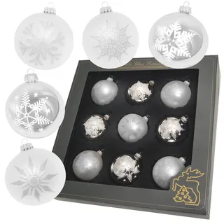 Krebs Glas Lauscha - Weihnachtsdekoration/Christbaumschmuck aus Glas - Weihnachtskugeln Glanz/Seidenmatt - Farbe: Silber - 9 Stück - Größe: ca. 8 cm