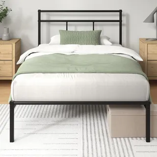 Zinus Elias Bettgestell 90 x 200 cm mit Vintage Kopfteil - Metallbett 90x200 mit Metall-Lattenrost - 30 cm Hohe Plattform mit Freiraum Darunter - Kein Boxspringbett Erforderlich - Schwarz