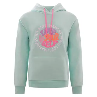 Hoodie ZWILLINGSHERZ "Love Yourslef", Damen, Gr. SM (S/M), blau (türkis), Sweatware, Obermaterial: 80% Baumwolle, 20% Polyester, unifarben, normal normal, ohne Ausschnitt, angesetztes Bündchen, Sweatshirts Hoodie, runde große Frontstickerei, farbige Kordel, Kängurutasche