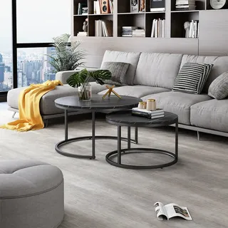 Vicco Couchtisch-Set Montreal, 77 x 40 cm 2 Teile, Schwarz/Schwarzer Marmor - Schwarz