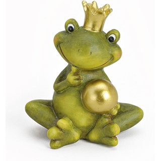 TEMPELWELT Dekofigur Gartenfigur Froschkönig Frosch 15 cm, Keramik Grün Mit Goldkugel Golden, Witzige Figur Märchenfrosch, Garten Deko Teichdekoration