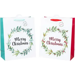 heku 24 XL Weihnachts-Geschenktaschen, 33x26x13cm I Merry Christmas Kranz mit Hotfoil-Veredelung I Zwei Farben I Inklusive Klappkärtchen I Hochwertiges Papier I Ideal für große Weihnachtsgeschenke