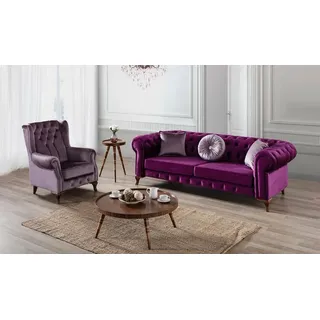 3+1 Sitzer Couch Polster Garnitur Chesterfield Samt Couchen Sofa Textil Sofas - Lila