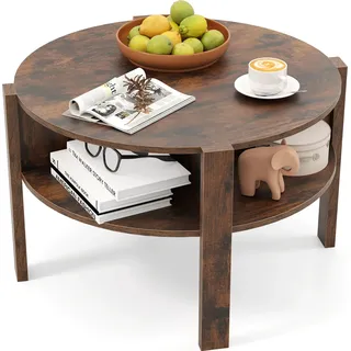 COSTWAY Couchtisch Rund mit Stauraum, Wohnzimmertisch Holz mit 4 Regalen, Kaffeetisch Beistelltisch für Wohnzimmer, Büro, Braun - Braun