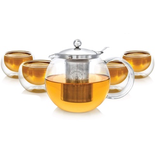 Teabloom Tee Set – Hitzebeständig + Bleifreier Teekannen-Wasserkocher aus Glas (1200 ml) mit herausnehmbarem Edelstahlfilter für losen Tee – Enthält 4 doppelwandige Isolierglasbecher (150 ml)