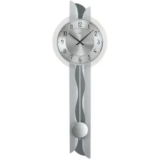 AMS 7216 Quarz Wohnzimmer Wanduhr mit Pendel moderne Pendelwanduhr Silber lackiert mit Metallpendel